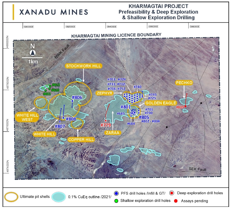 Kharmagtai copper-gold district showing defined mineral deposits and completed infill drill holes, deep exploration drill holes, and shallow exploration drill holes since the last announcement of drilling results(20).